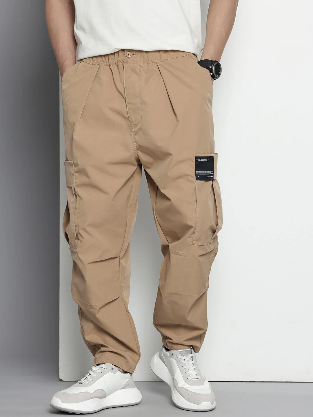 Men's Khaki Loose Fit Textured Utility Cargo