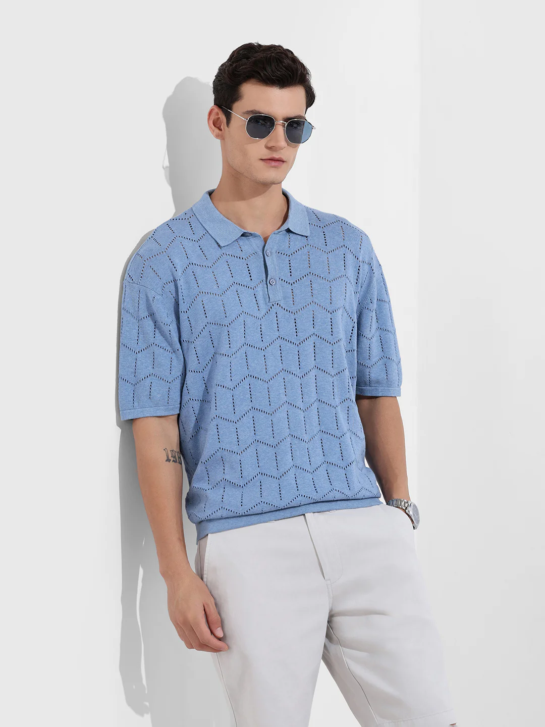 Men's Lavender Oversized Fit Textured Flat Knit Polo T-Shirt