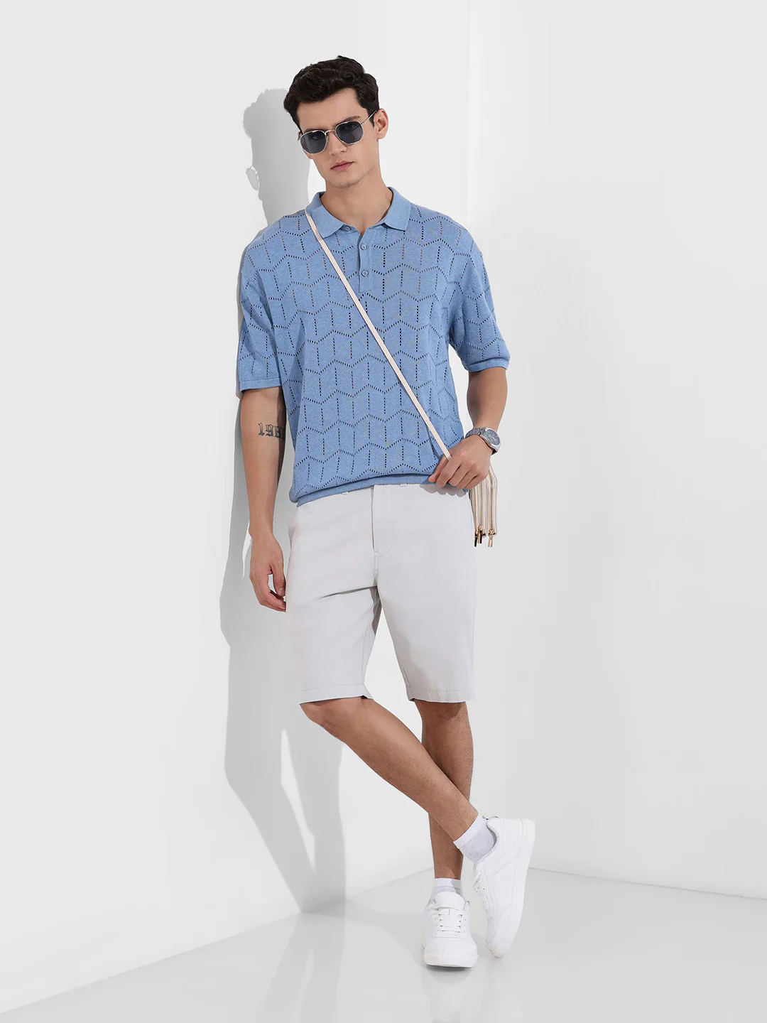 Men's Lavender Oversized Fit Textured Flat Knit Polo T-Shirt - Image 2