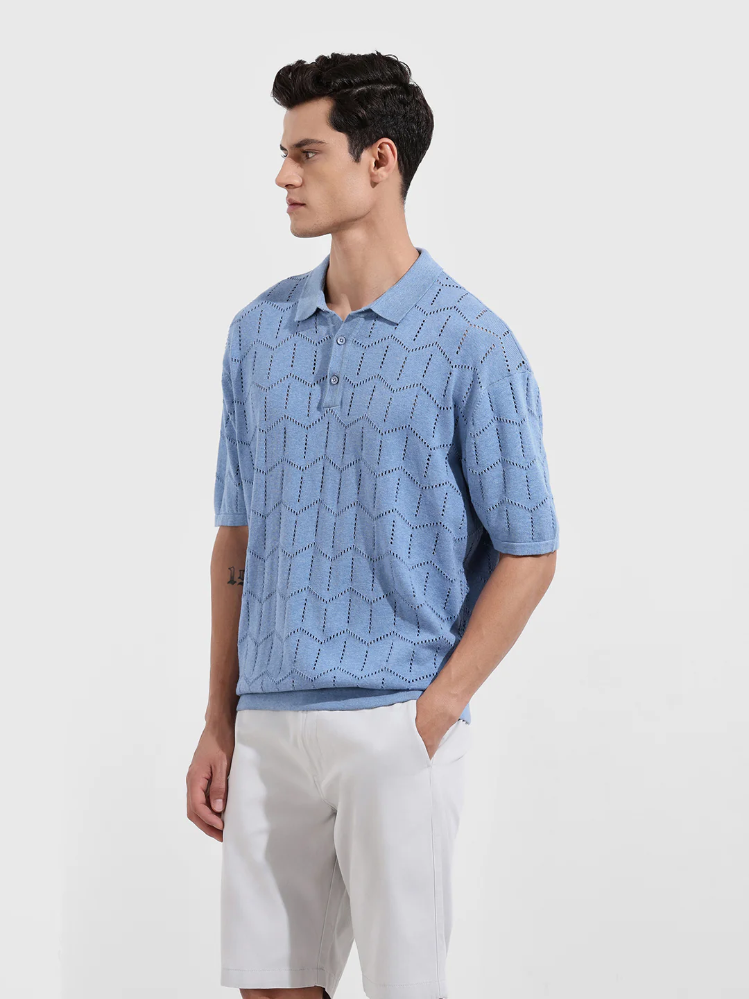 Men's Lavender Oversized Fit Textured Flat Knit Polo T-Shirt - Image 4