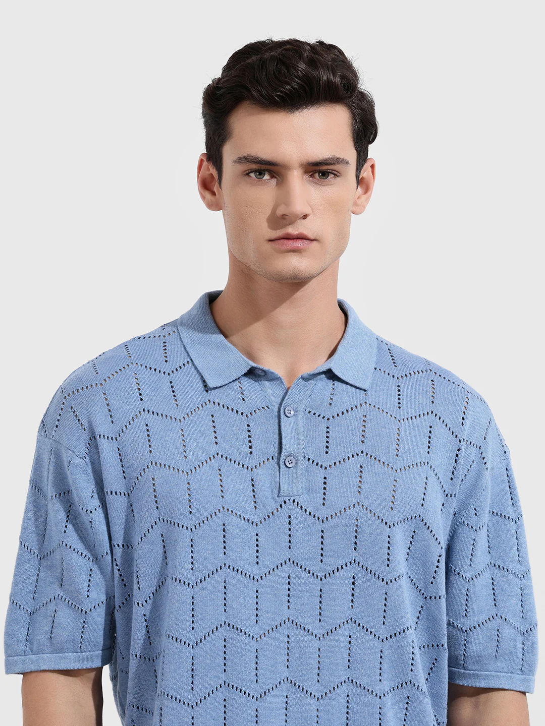 Men's Lavender Oversized Fit Textured Flat Knit Polo T-Shirt - Image 5