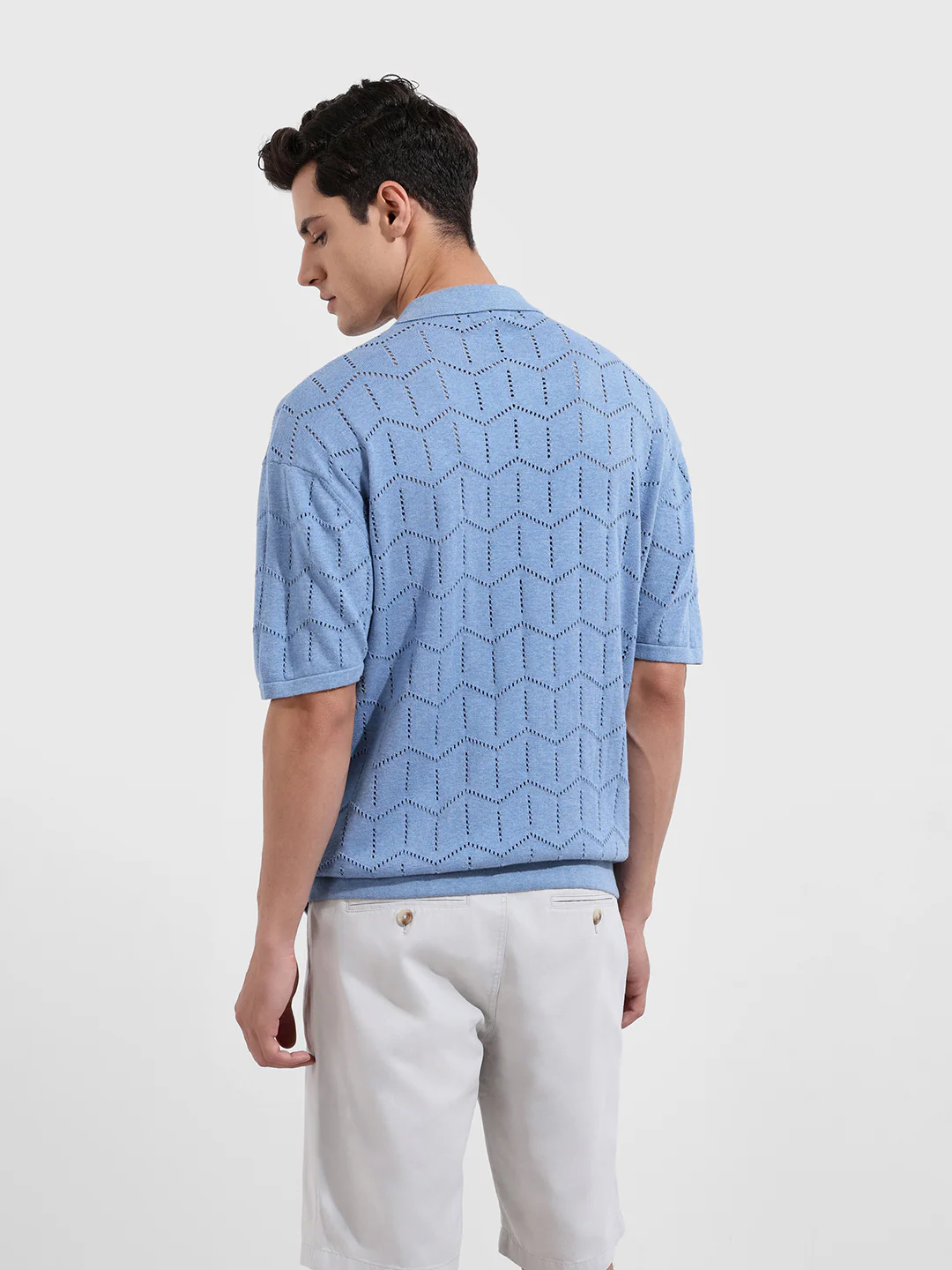 Men's Lavender Oversized Fit Textured Flat Knit Polo T-Shirt - Image 6