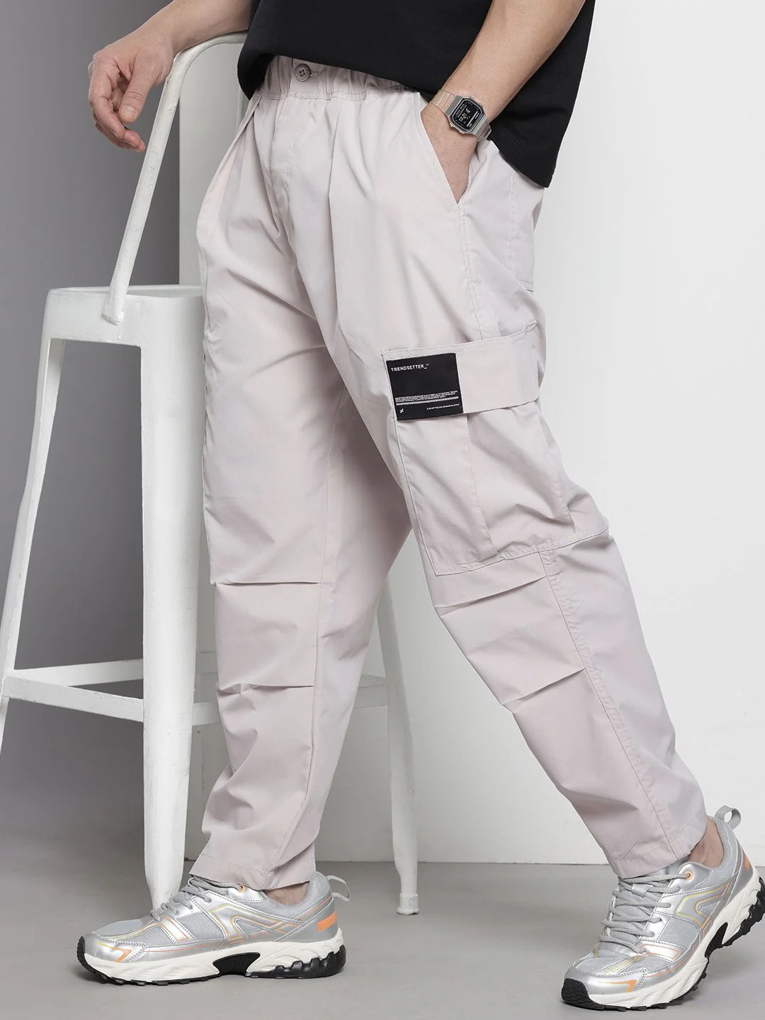 Men's Ice Grey Loose Fit Textured Utility Cargo