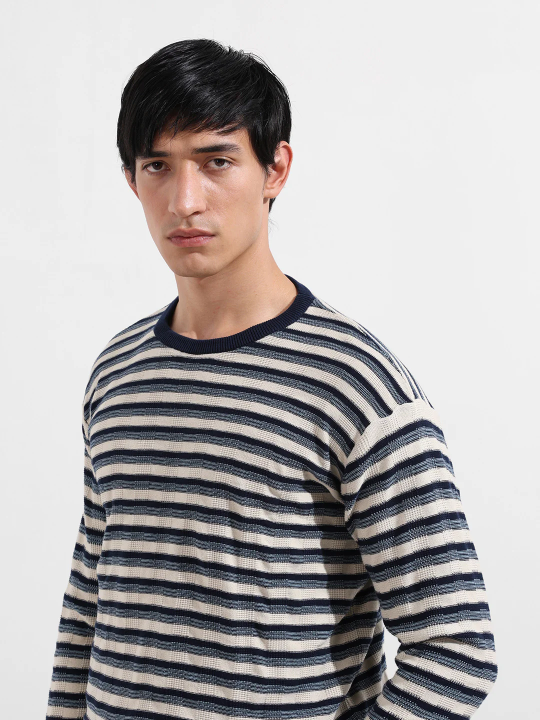 Men's Navy Blue Oversized Fit Striped Flat Knit T-Shirt - Image 5