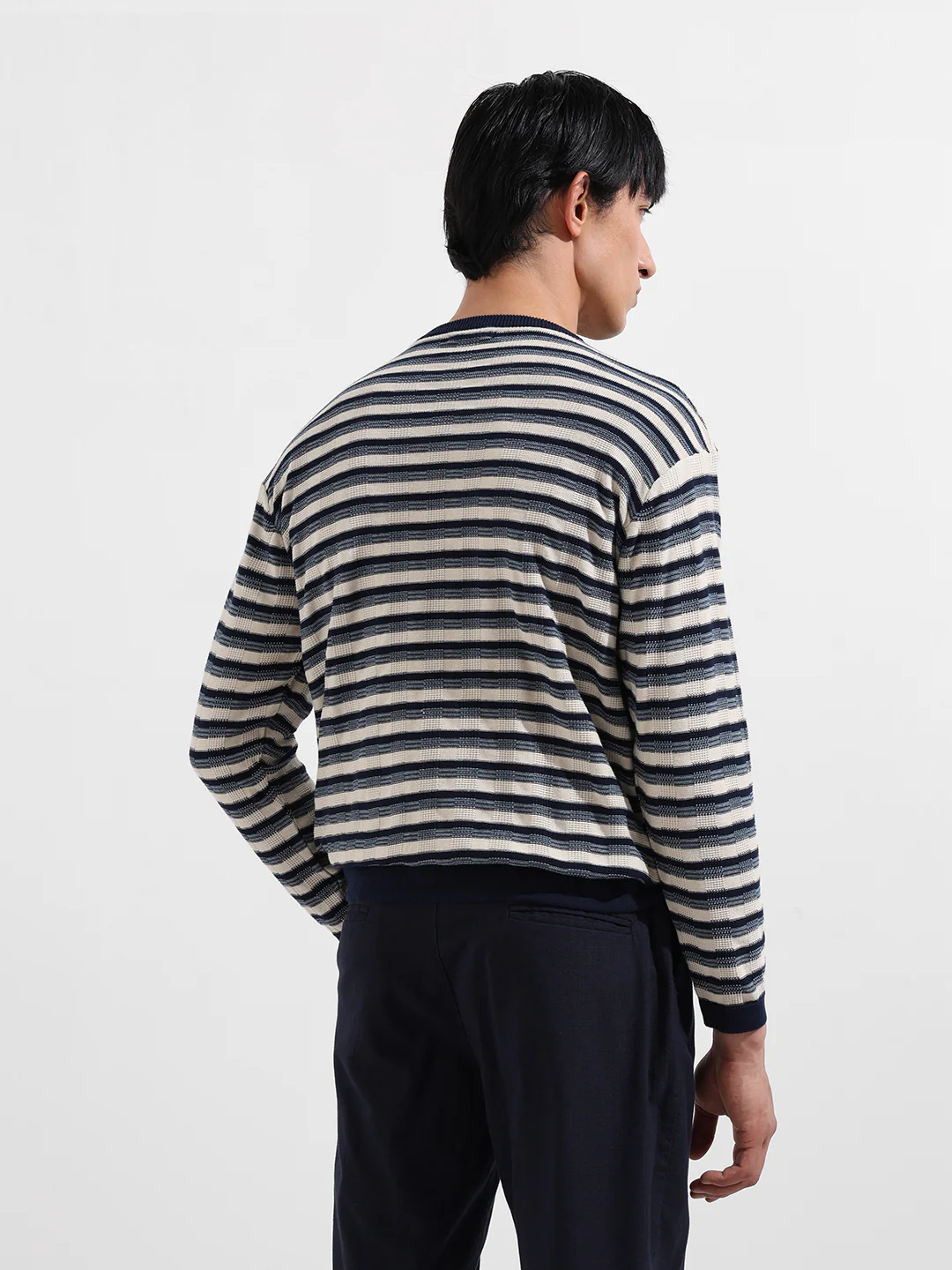 Men's Navy Blue Oversized Fit Striped Flat Knit T-Shirt - Image 6