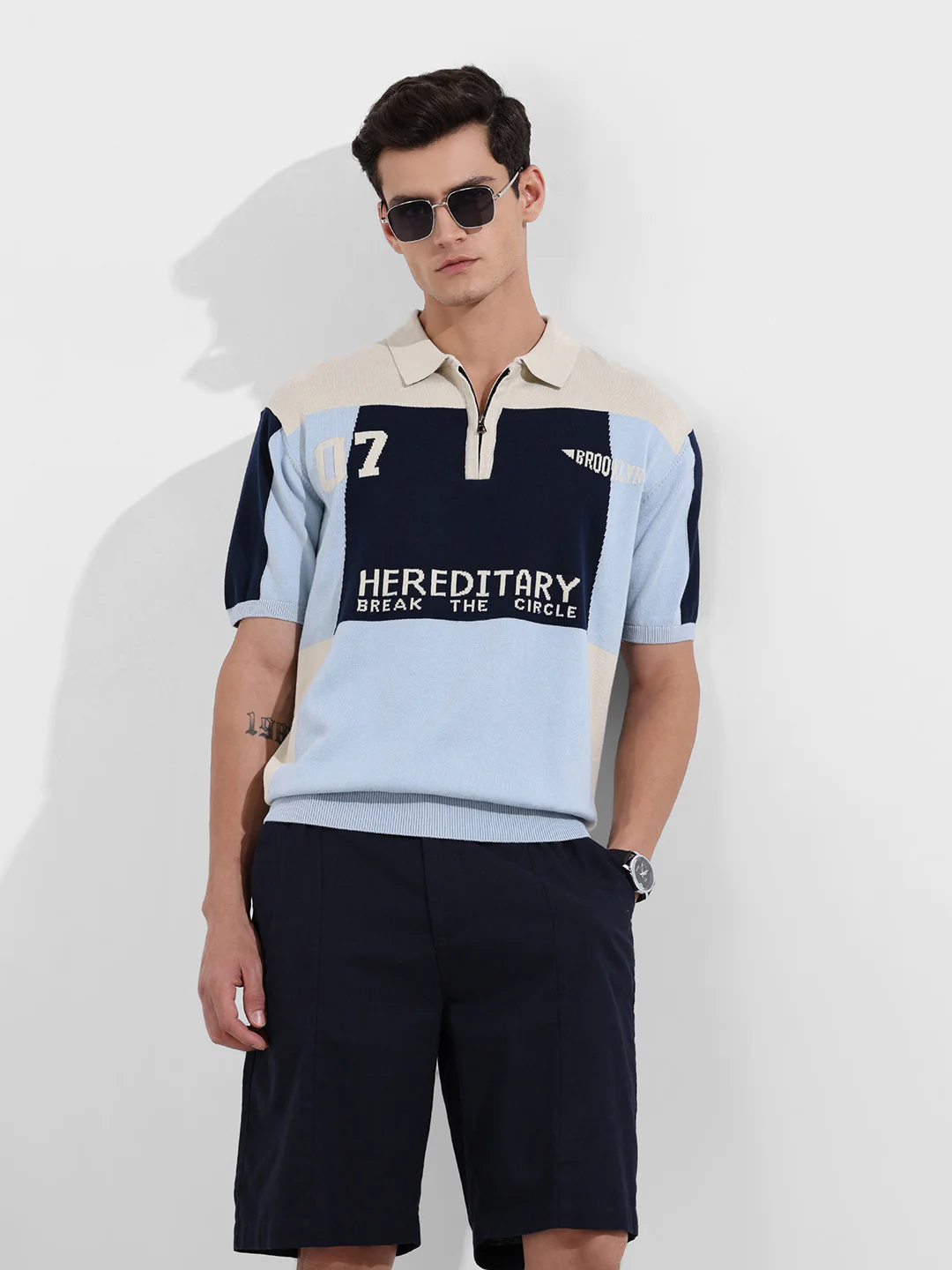 Men's Navy Blue Oversized Fit Solid Flat Knit Polo T-Shirt - Image 2