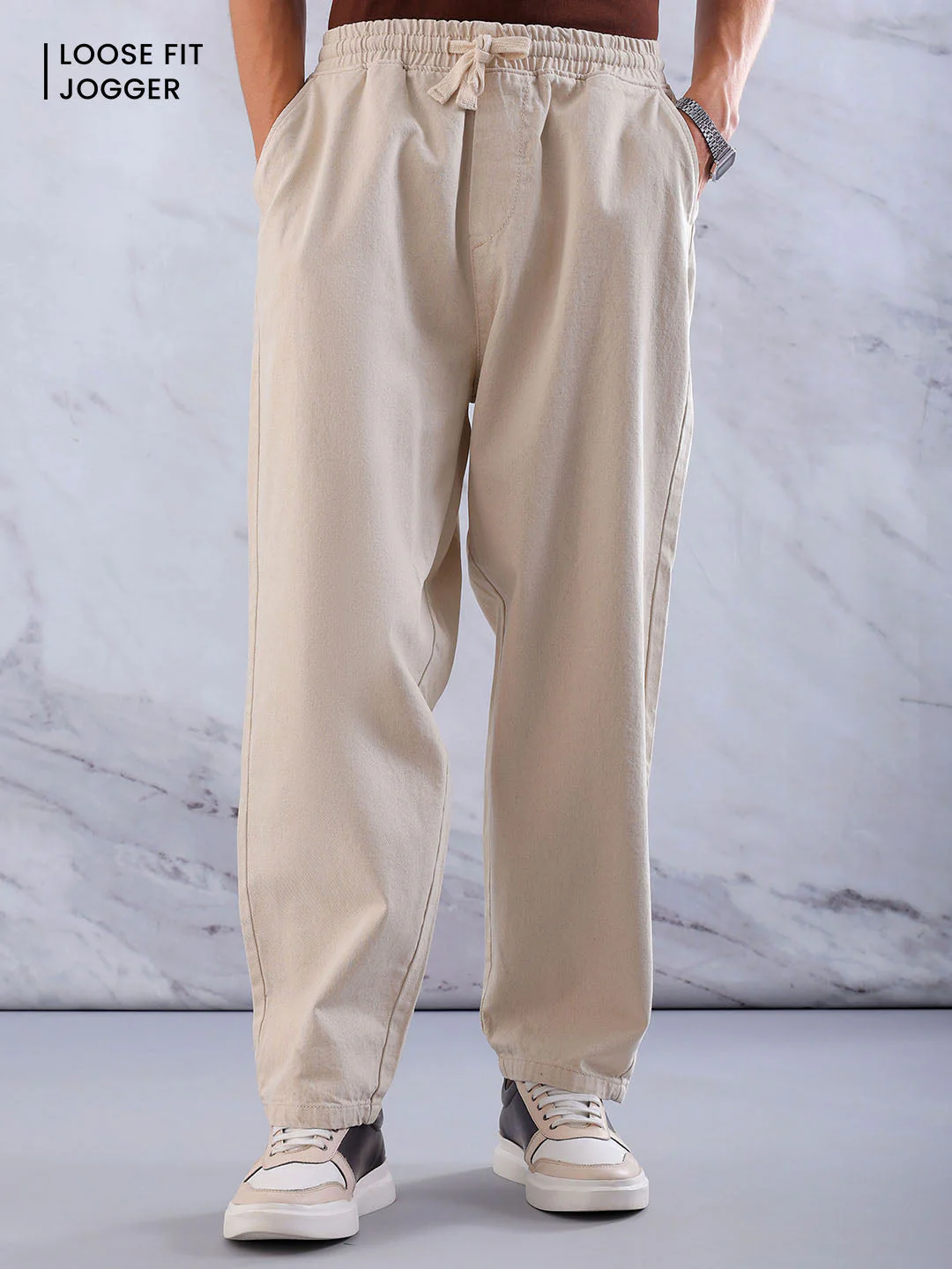 Men's Off White Loose Fit Solid Street Wear Jeans