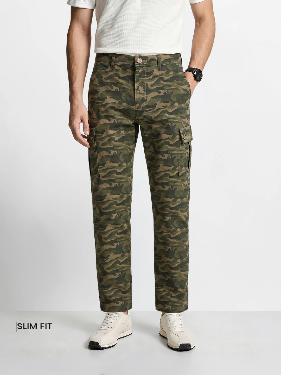Men's Olive Slim Fit Camouflage Print Casual Cargo - Image 2
