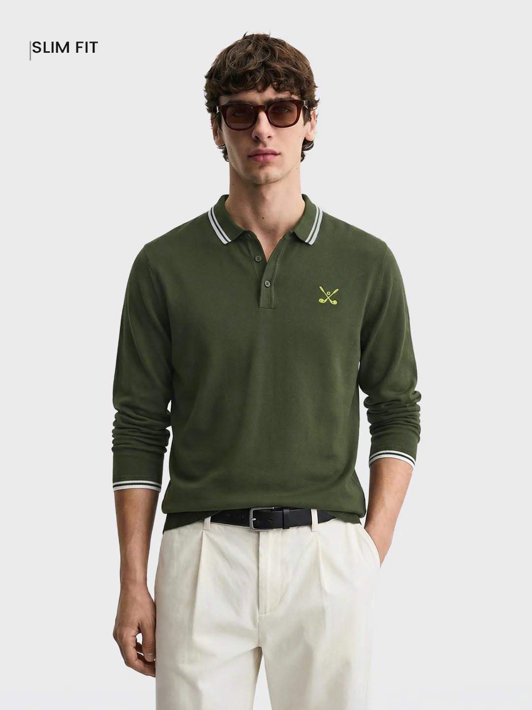 Men's Olive Slim Fit Textured Flat Knit Polo T-Shirt