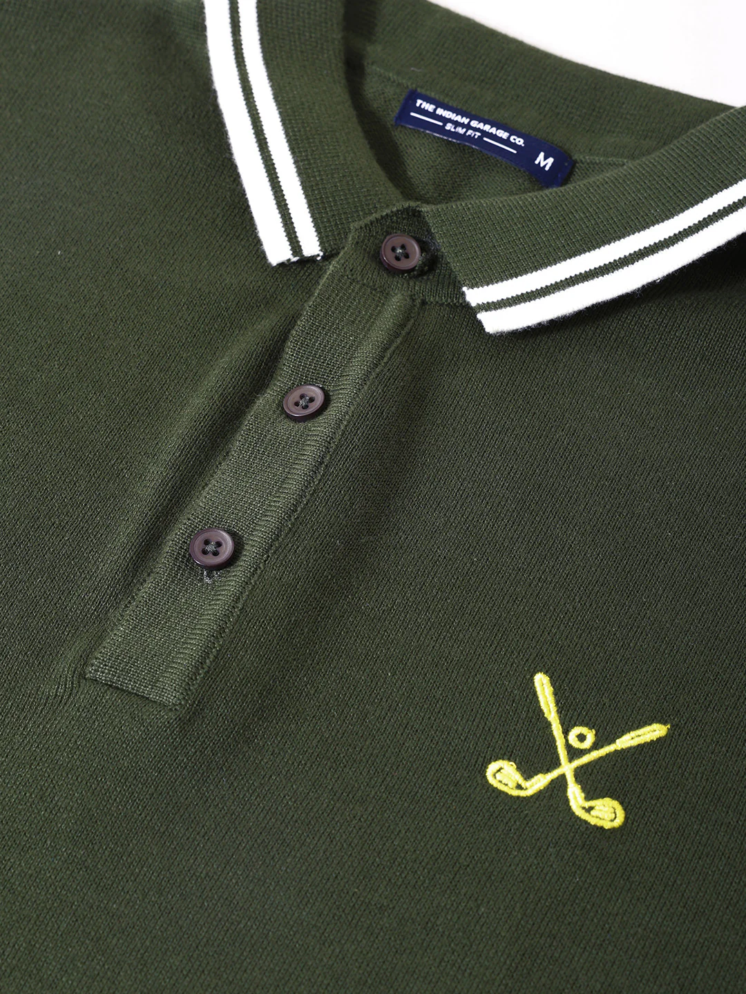 Men's Olive Slim Fit Textured Flat Knit Polo T-Shirt - Image 3