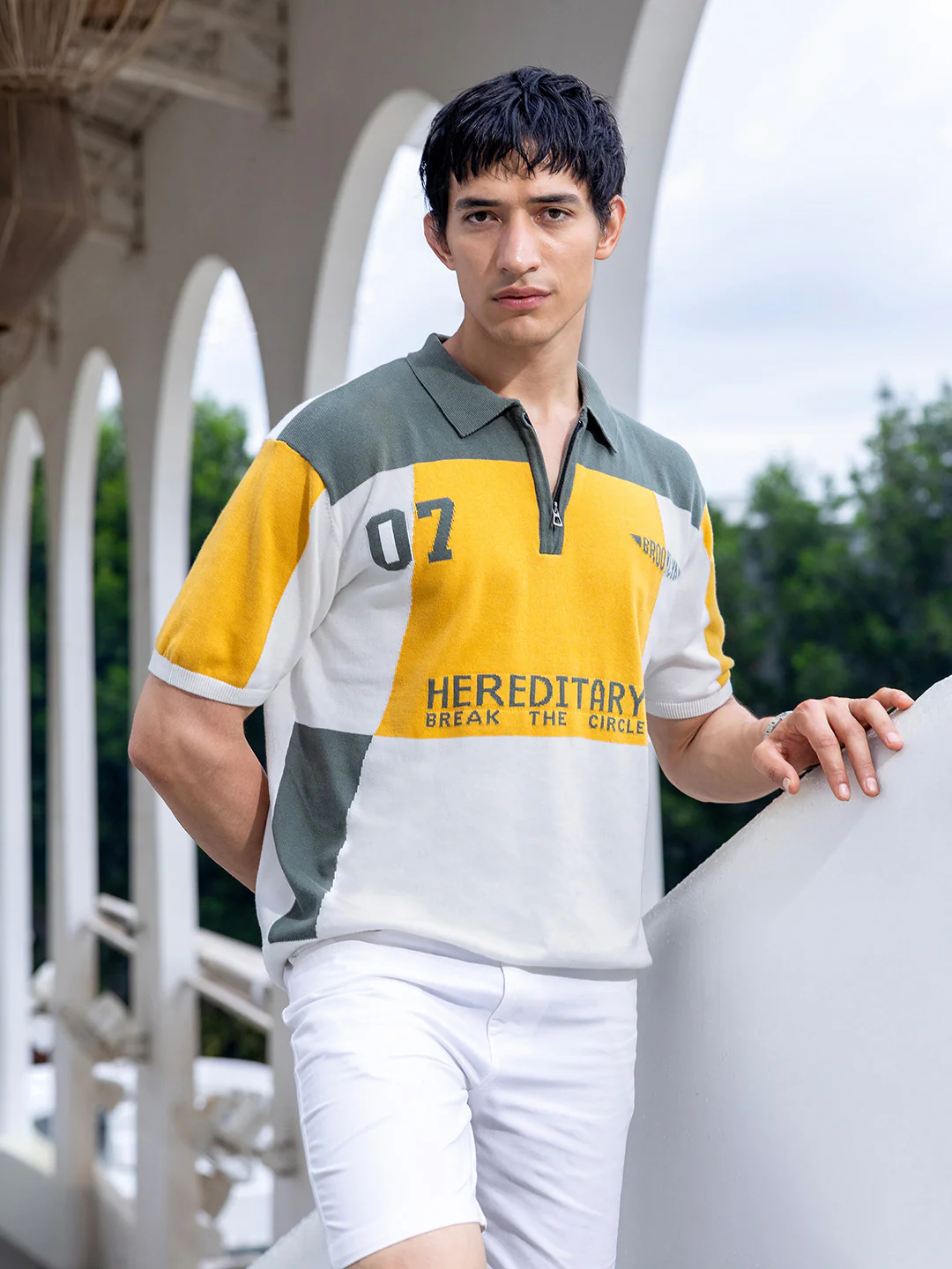 Men's Optic White Oversized Fit Solid Flat Knit Polo T-Shirt