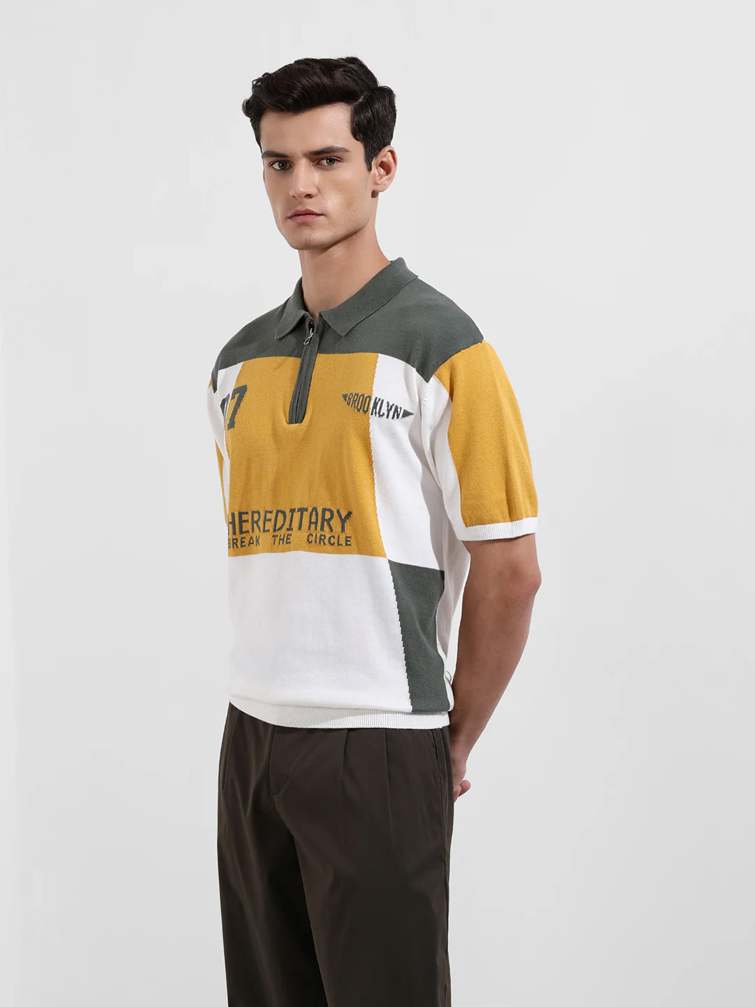 Men's Optic White Oversized Fit Solid Flat Knit Polo T-Shirt - Image 4