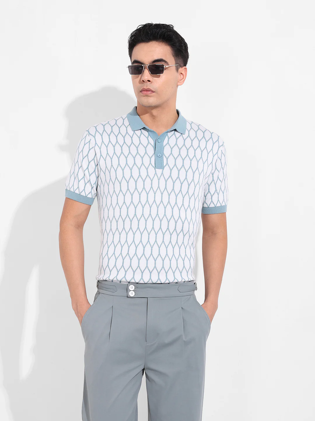 Men's White Slim Fit Textured Flat Knit Polo T-Shirt - Image 10