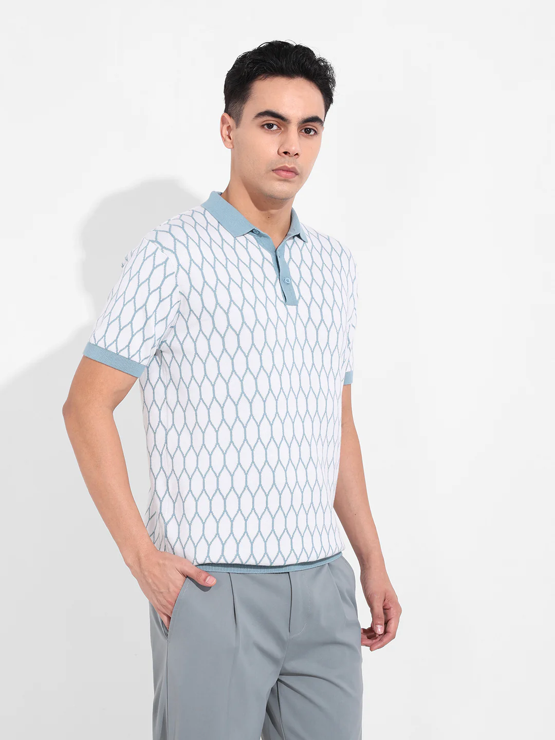 Men's White Slim Fit Textured Flat Knit Polo T-Shirt - Image 5