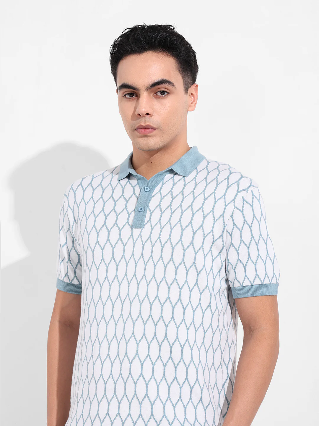 Men's White Slim Fit Textured Flat Knit Polo T-Shirt - Image 6
