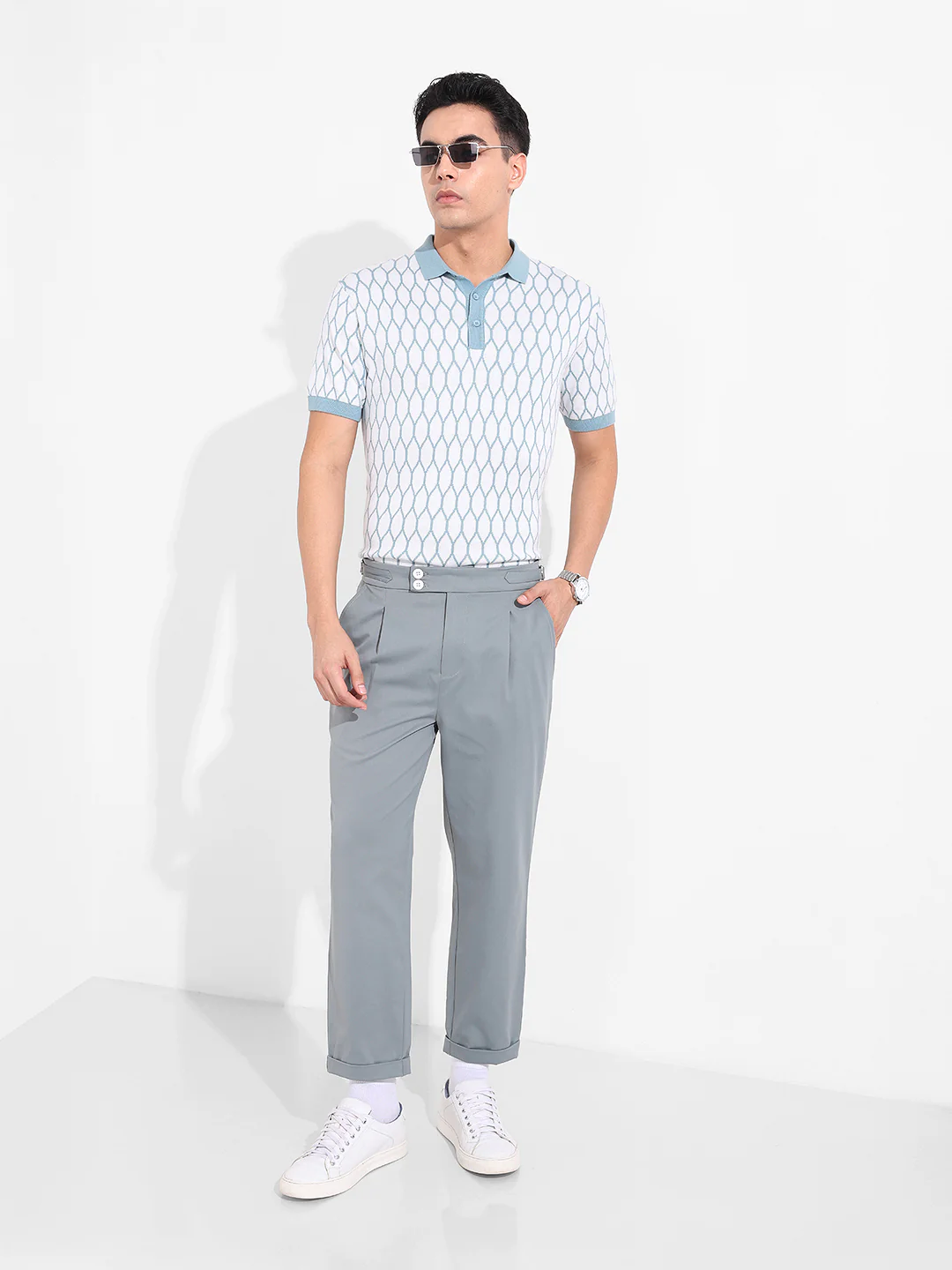 Men's White Slim Fit Textured Flat Knit Polo T-Shirt - Image 8