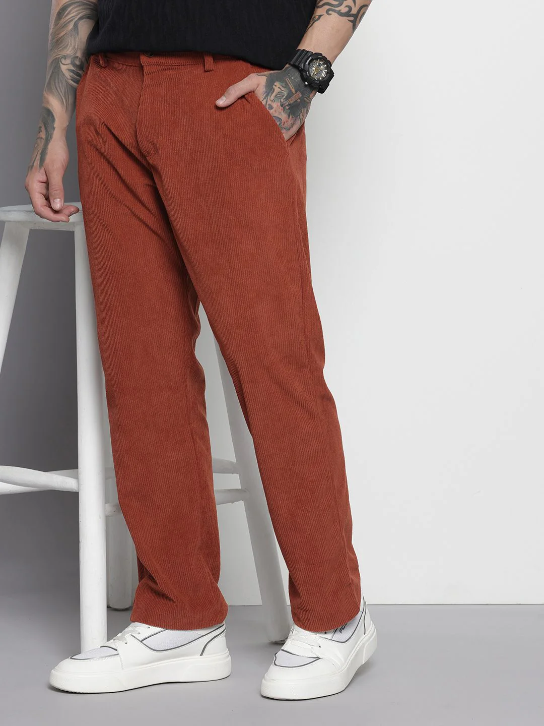 Men's Rust Regular Fit Textured Casual Trouser