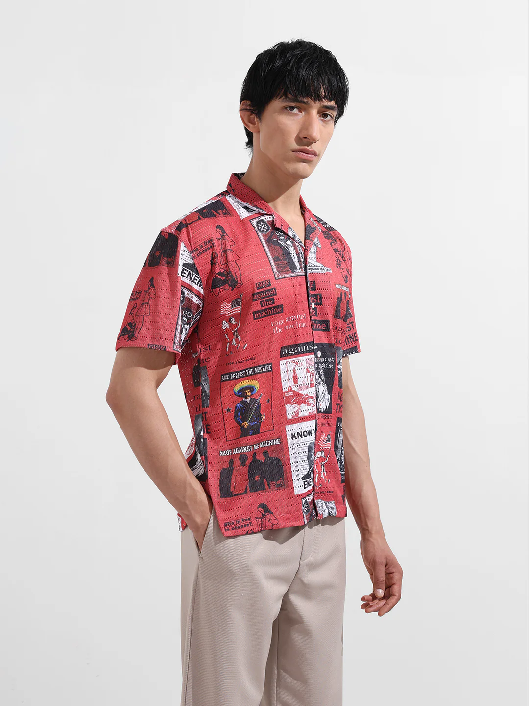 Men's Red Relaxed Fit Printed Resort Shirt - Image 4