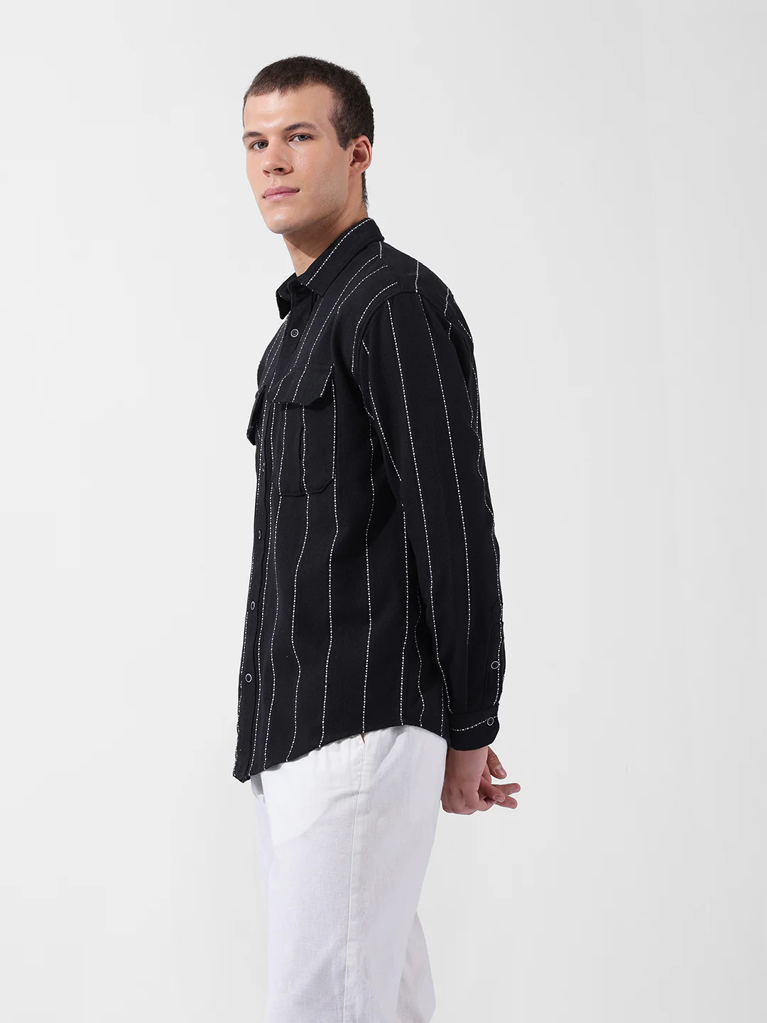 Men's Black Relaxed Fit Striped Casual Shirt - Image 4
