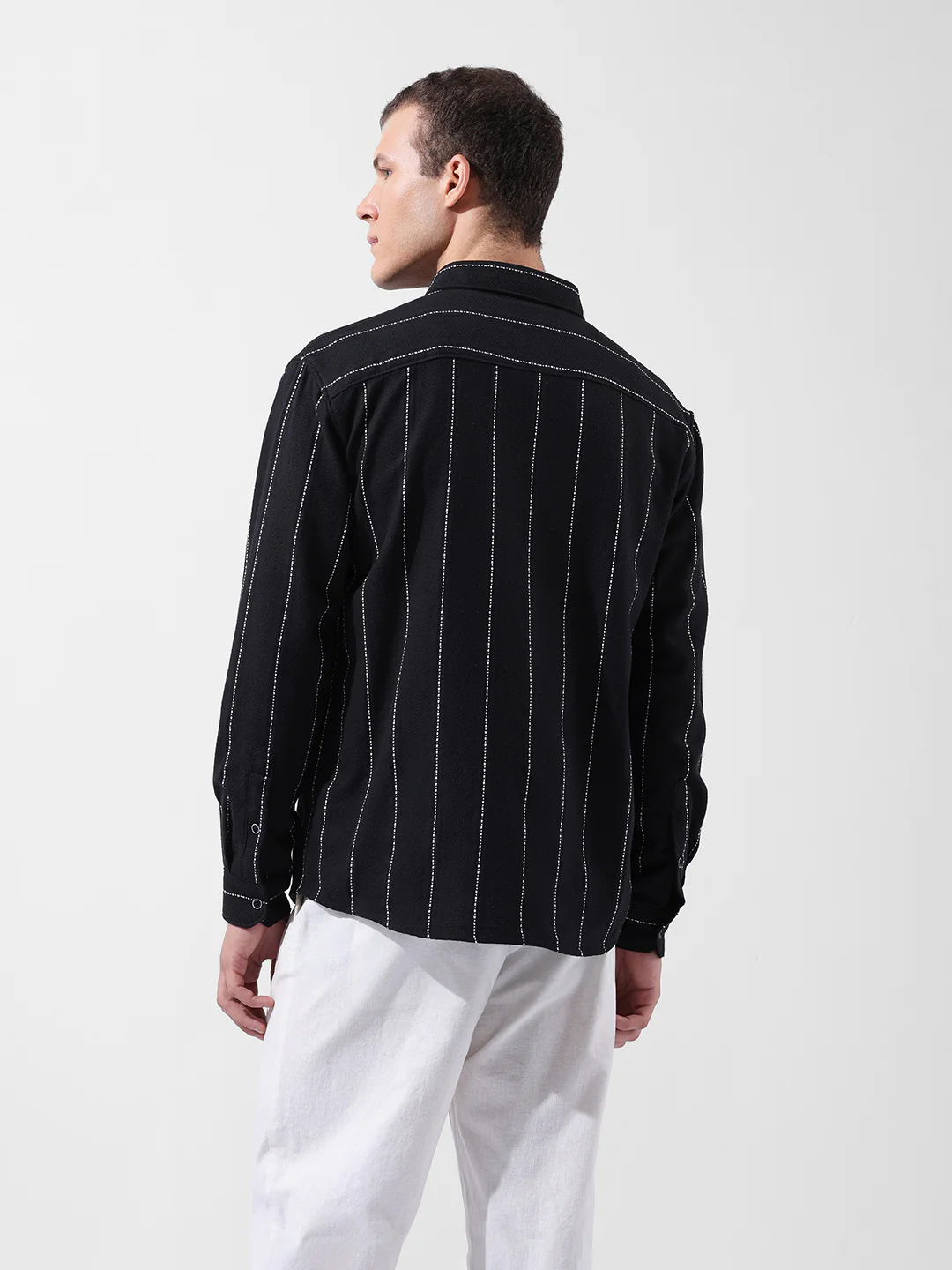 Men's Black Relaxed Fit Striped Casual Shirt - Image 5