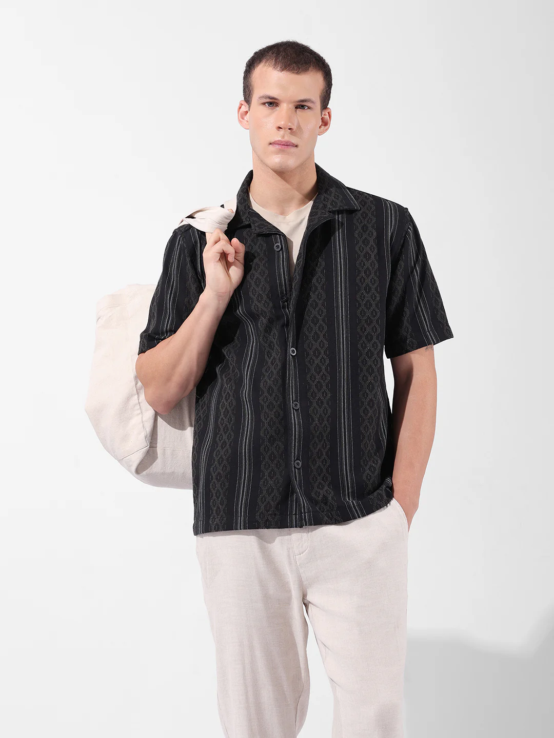 Men's Black Relaxed Fit Striped Resort Wear Shirt
