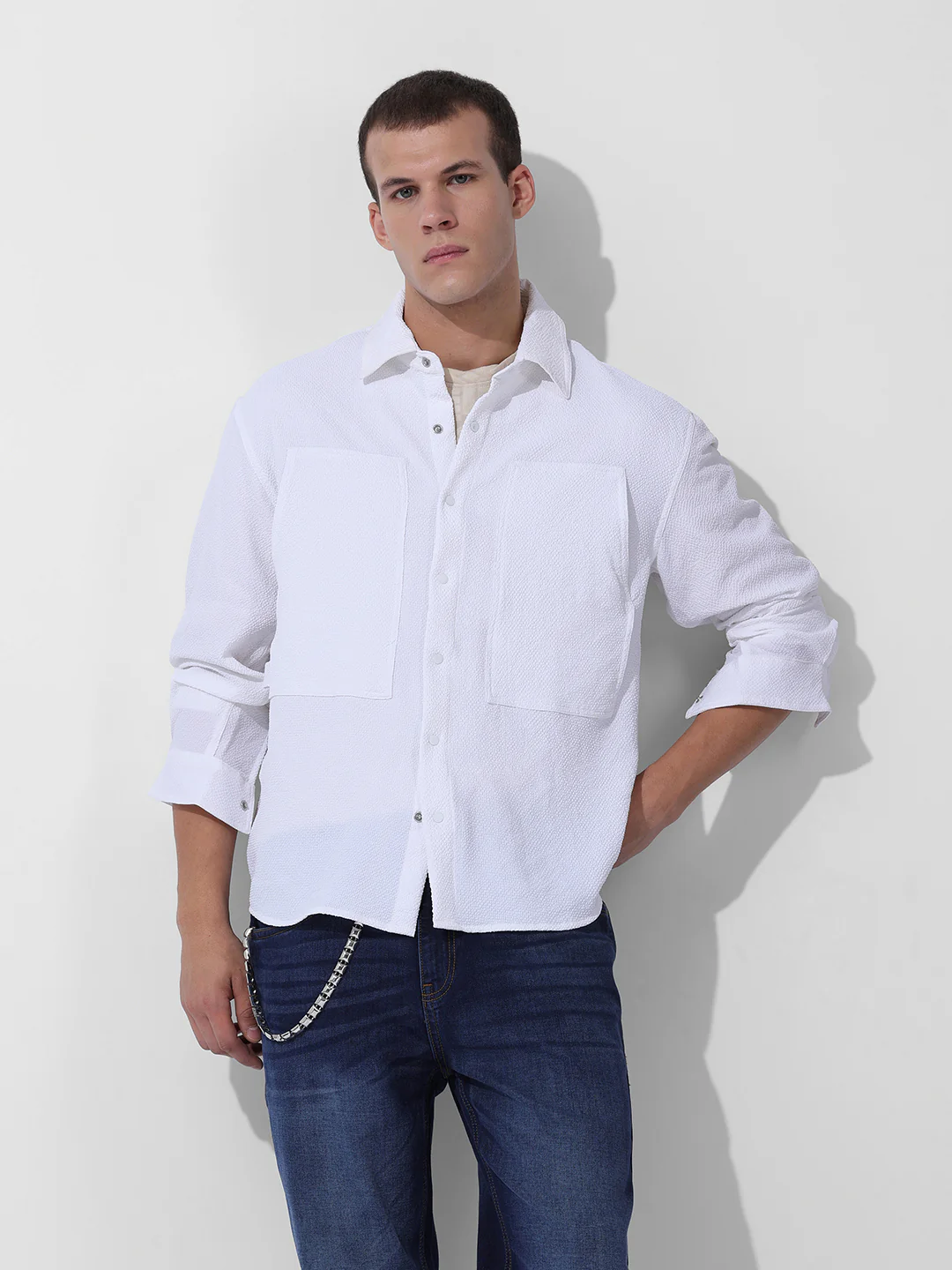 Men's White Relaxed Fit Solid Utility Shirt