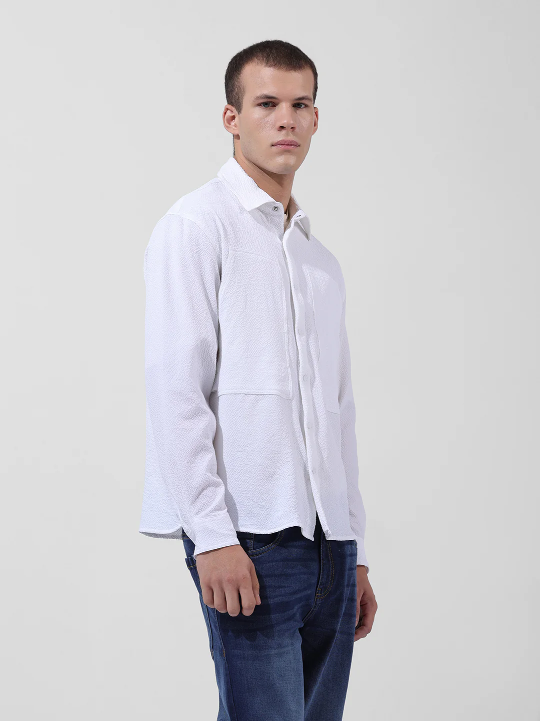 Men's White Relaxed Fit Solid Utility Shirt - Image 4