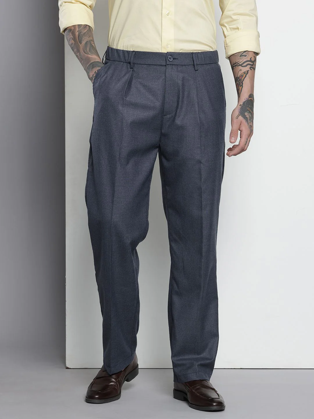Men's Navy Blue Relaxed Fit Checkered Formal Trouser