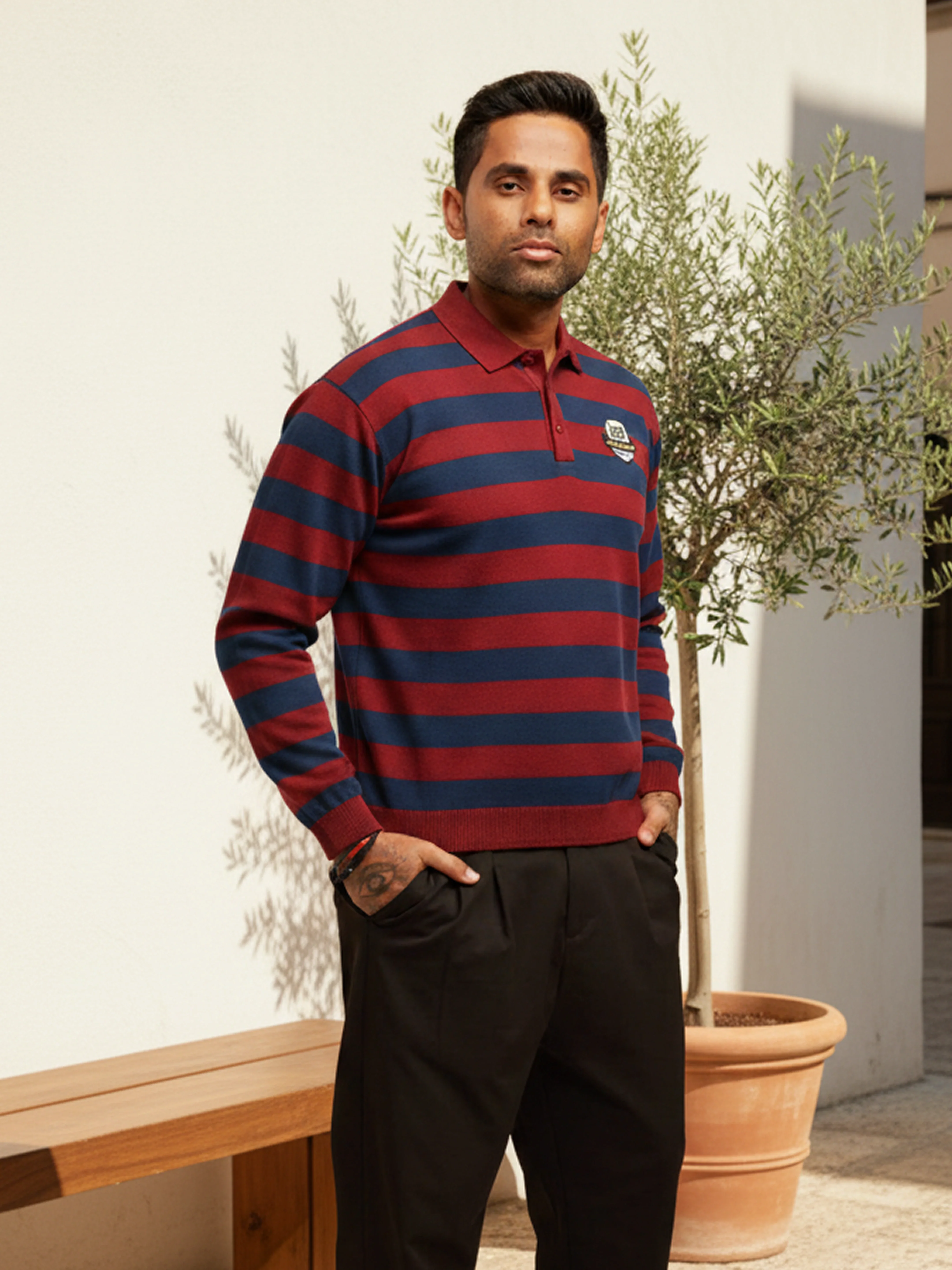 Men's Rust Oversized Fit Striped Flat Knit Polo T-Shirt