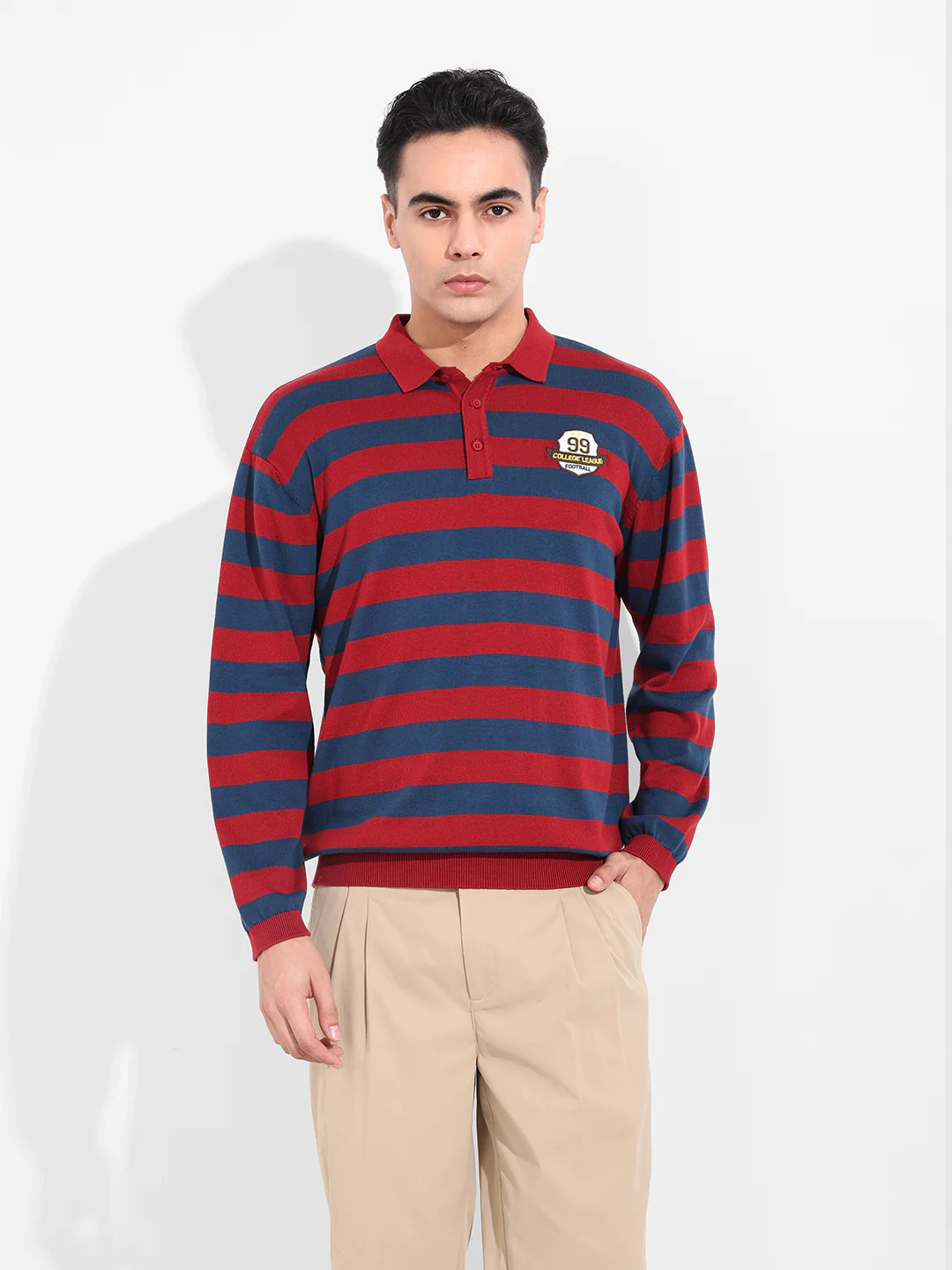 Men's Rust Oversized Fit Striped Flat Knit Polo T-Shirt - Image 2