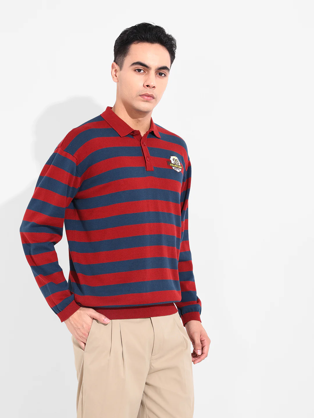 Men's Rust Oversized Fit Striped Flat Knit Polo T-Shirt - Image 4