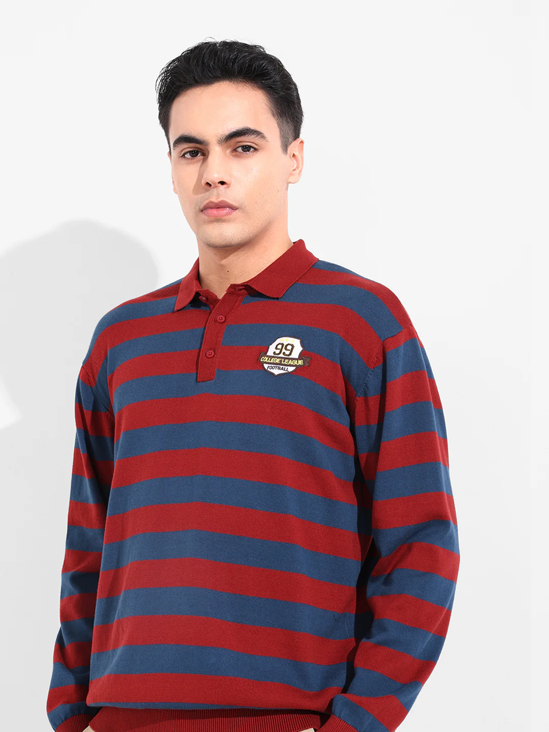 Men's Rust Oversized Fit Striped Flat Knit Polo T-Shirt - Image 5