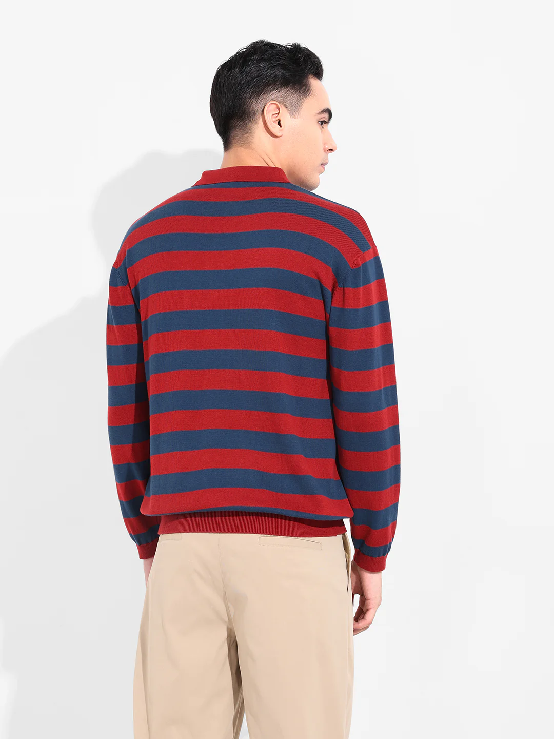Men's Rust Oversized Fit Striped Flat Knit Polo T-Shirt - Image 6