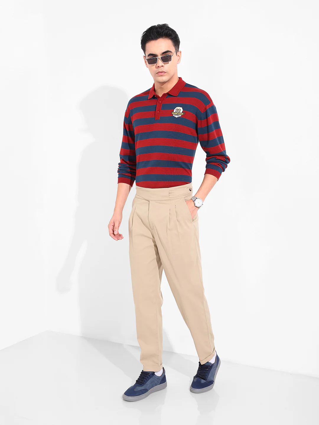 Men's Rust Oversized Fit Striped Flat Knit Polo T-Shirt - Image 7