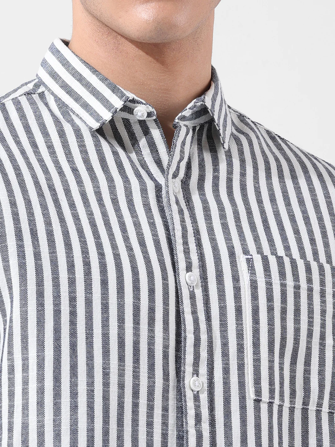 Men's Navy Blue Slim Fit Striped Casual Shirt - Image 4