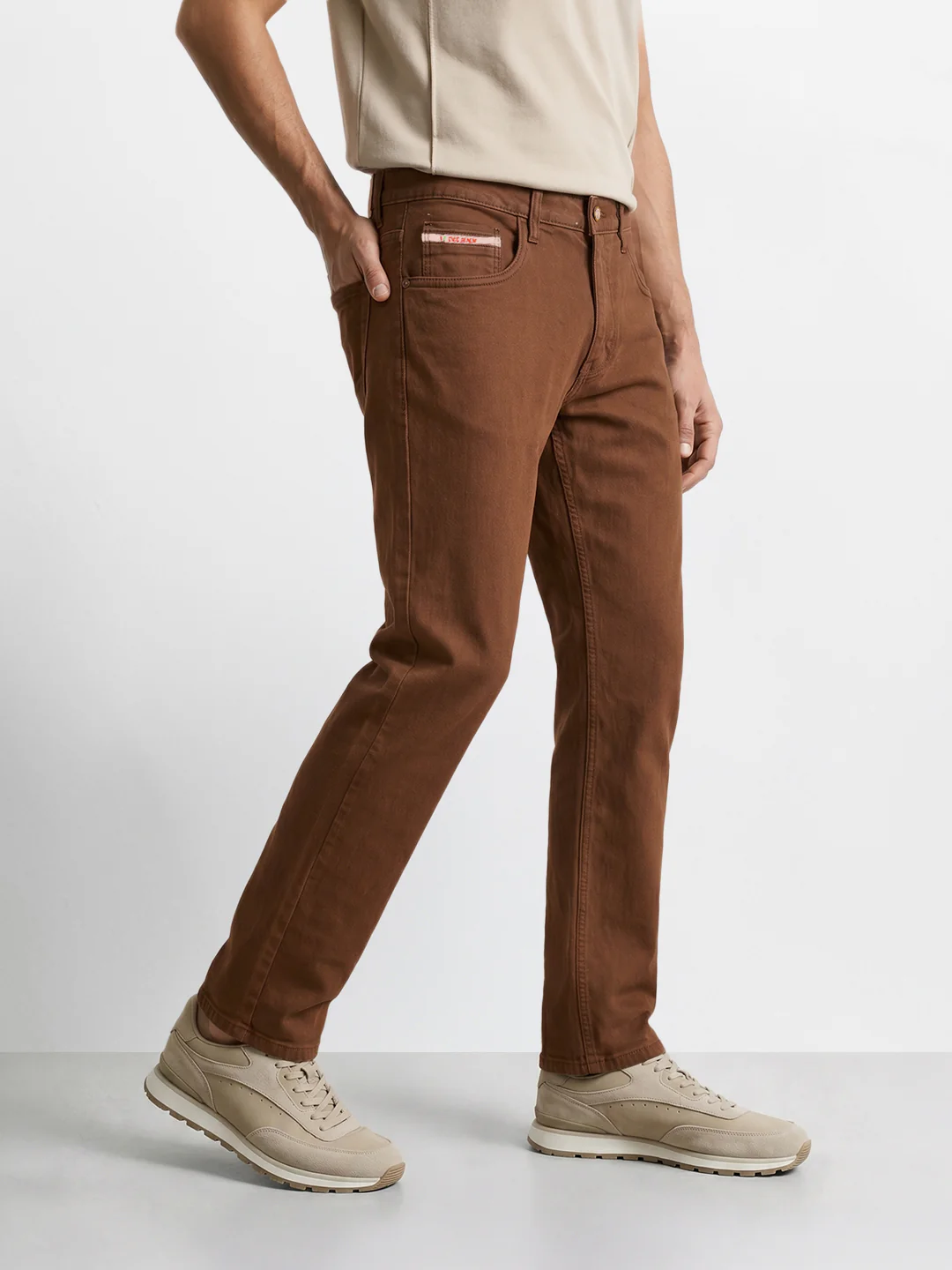 Men's Brown Slim Fit Casual Jeans - Image 3
