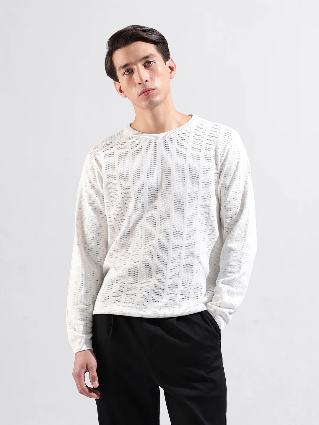Men's White Slim Fit Solid Flat Knit Crew Neck T-Shirt
