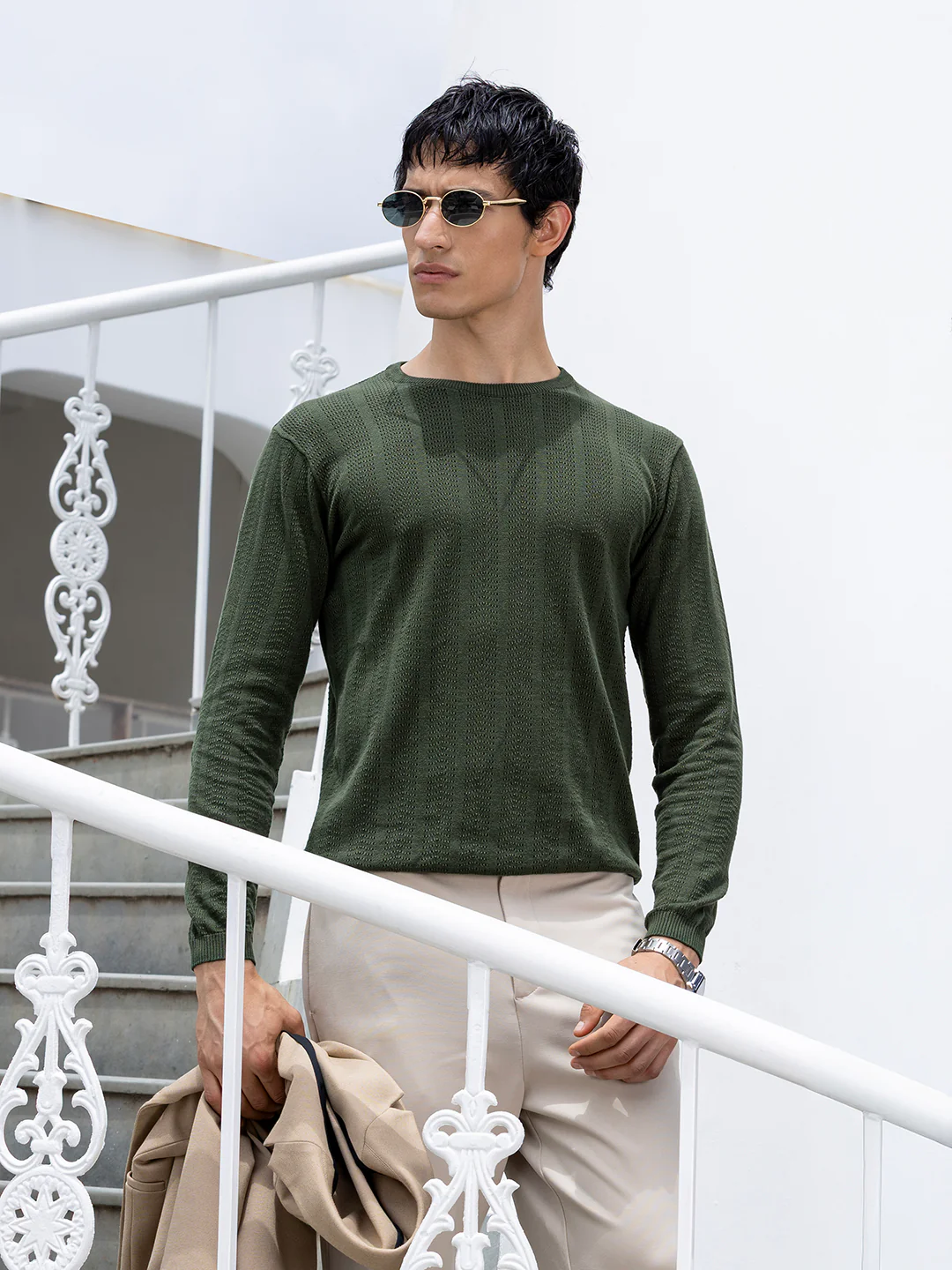 Men's Green Slim Fit Solid Flat Knit T-Shirt