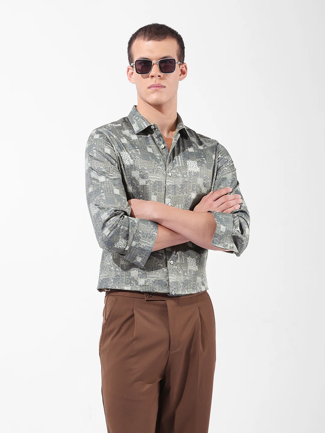 Men's Olive Slim Fit Printed Party Wear Shirt