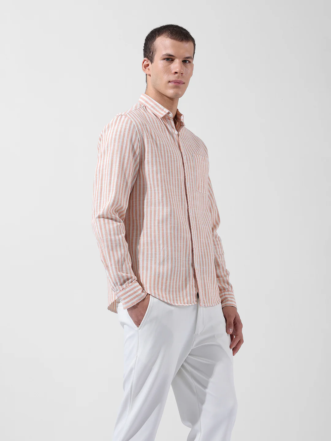 Men's Orange Slim Fit Striped Casual Shirt - Image 3