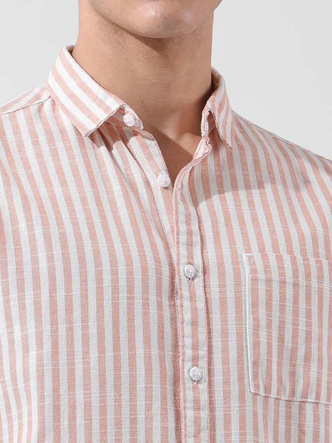 Men's Orange Slim Fit Striped Casual Shirt - Image 4