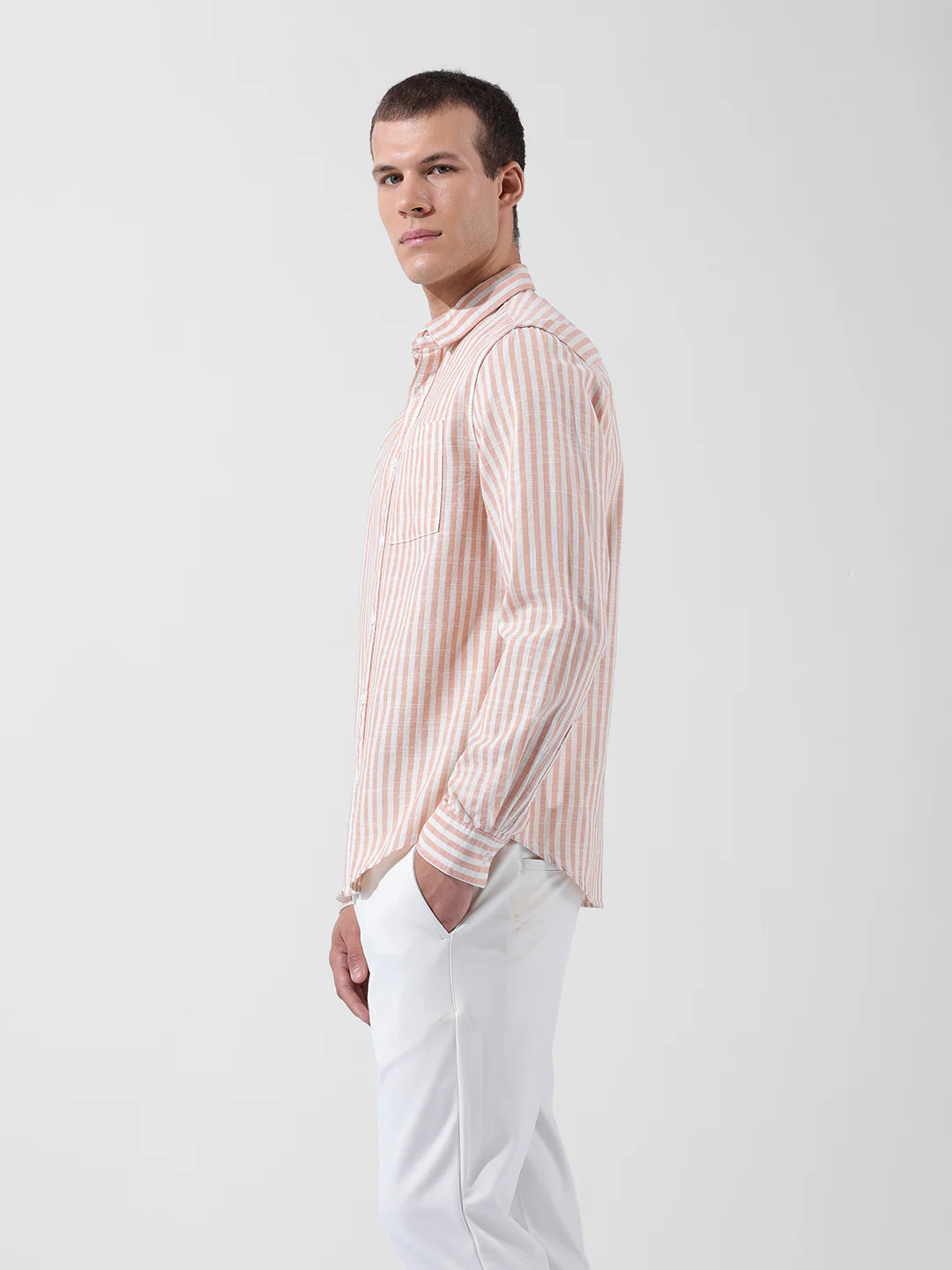Men's Orange Slim Fit Striped Casual Shirt - Image 5