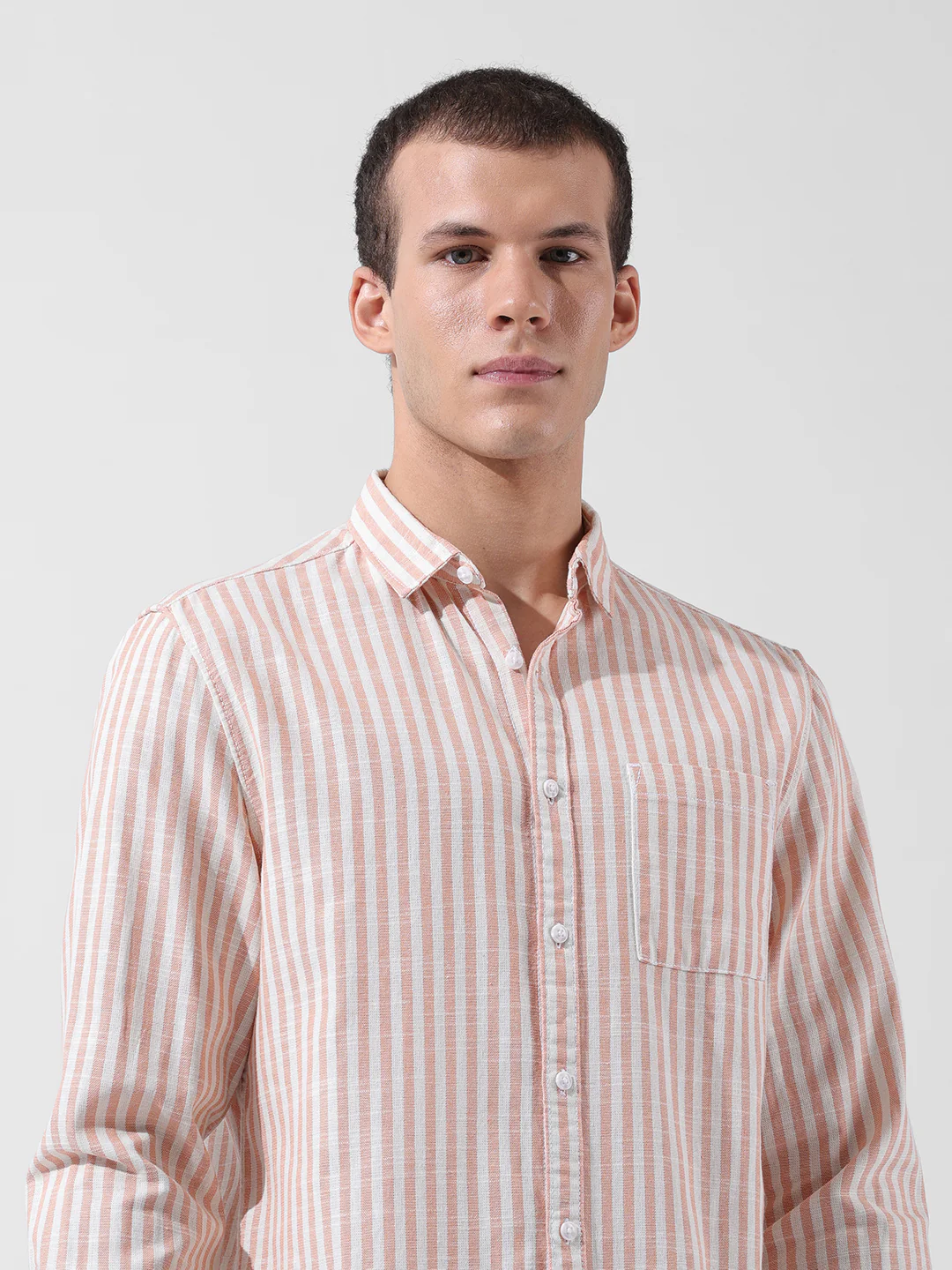 Men's Orange Slim Fit Striped Casual Shirt - Image 6