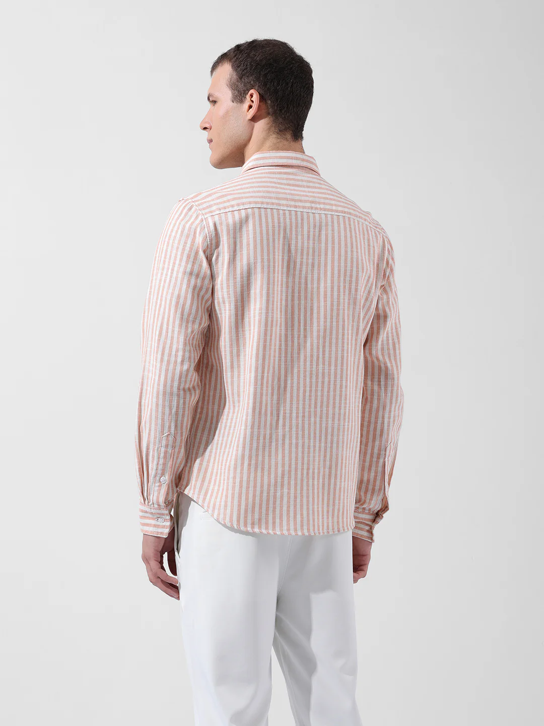 Men's Orange Slim Fit Striped Casual Shirt - Image 7