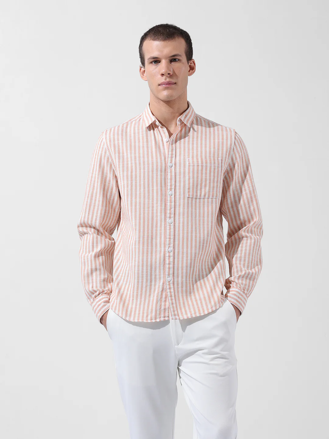 Men's Orange Slim Fit Striped Casual Shirt - Image 8
