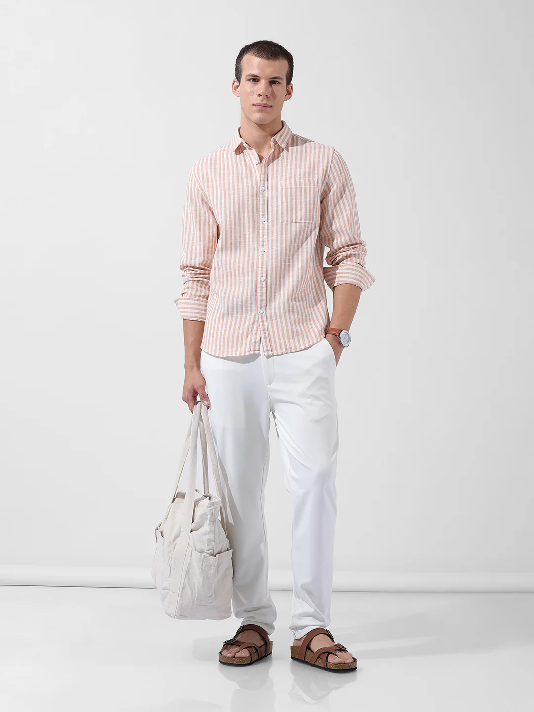 Men's Orange Slim Fit Striped Casual Shirt - Image 9