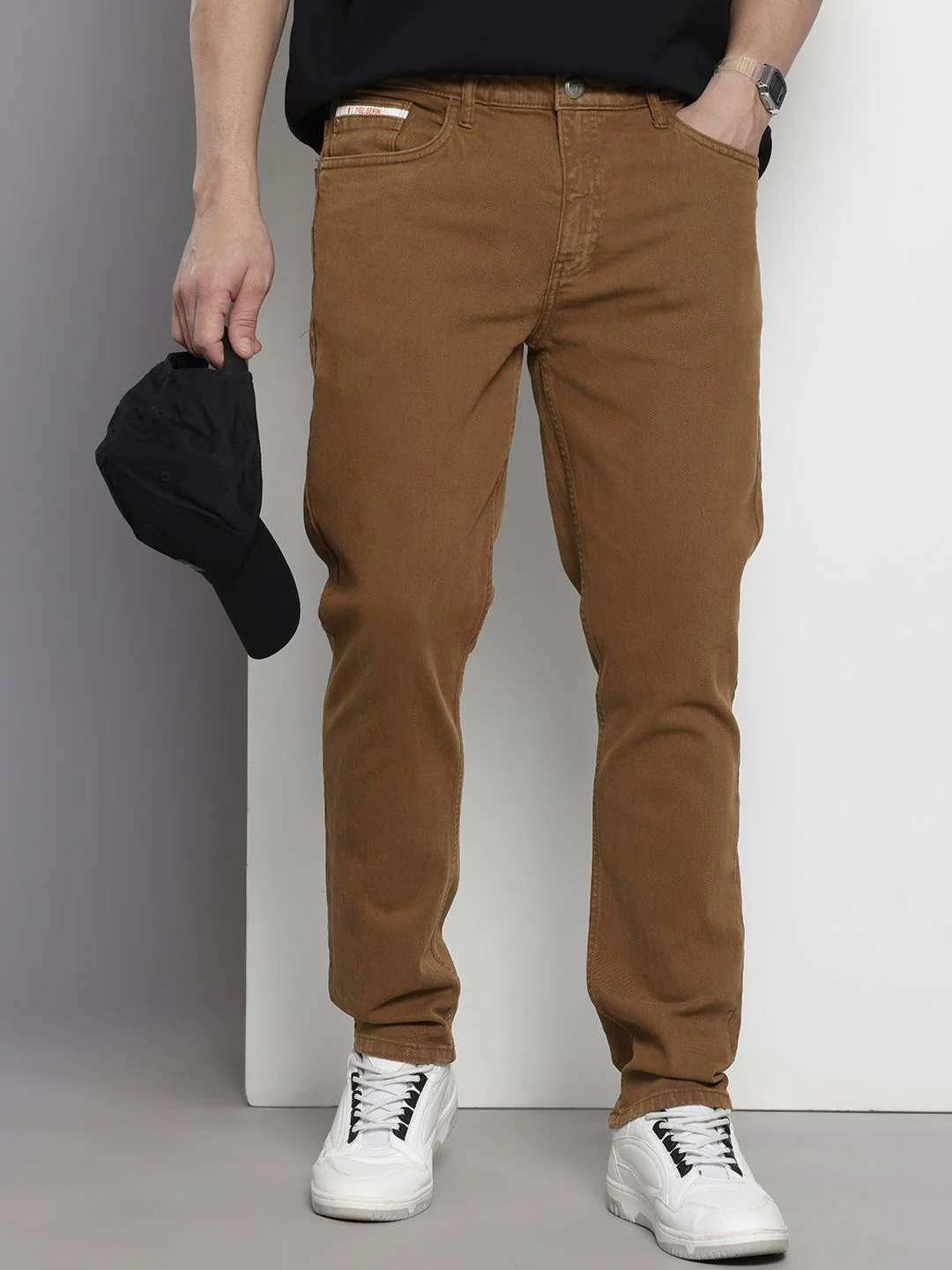 Men's Brown Slim Fit Solid Casual Jeans