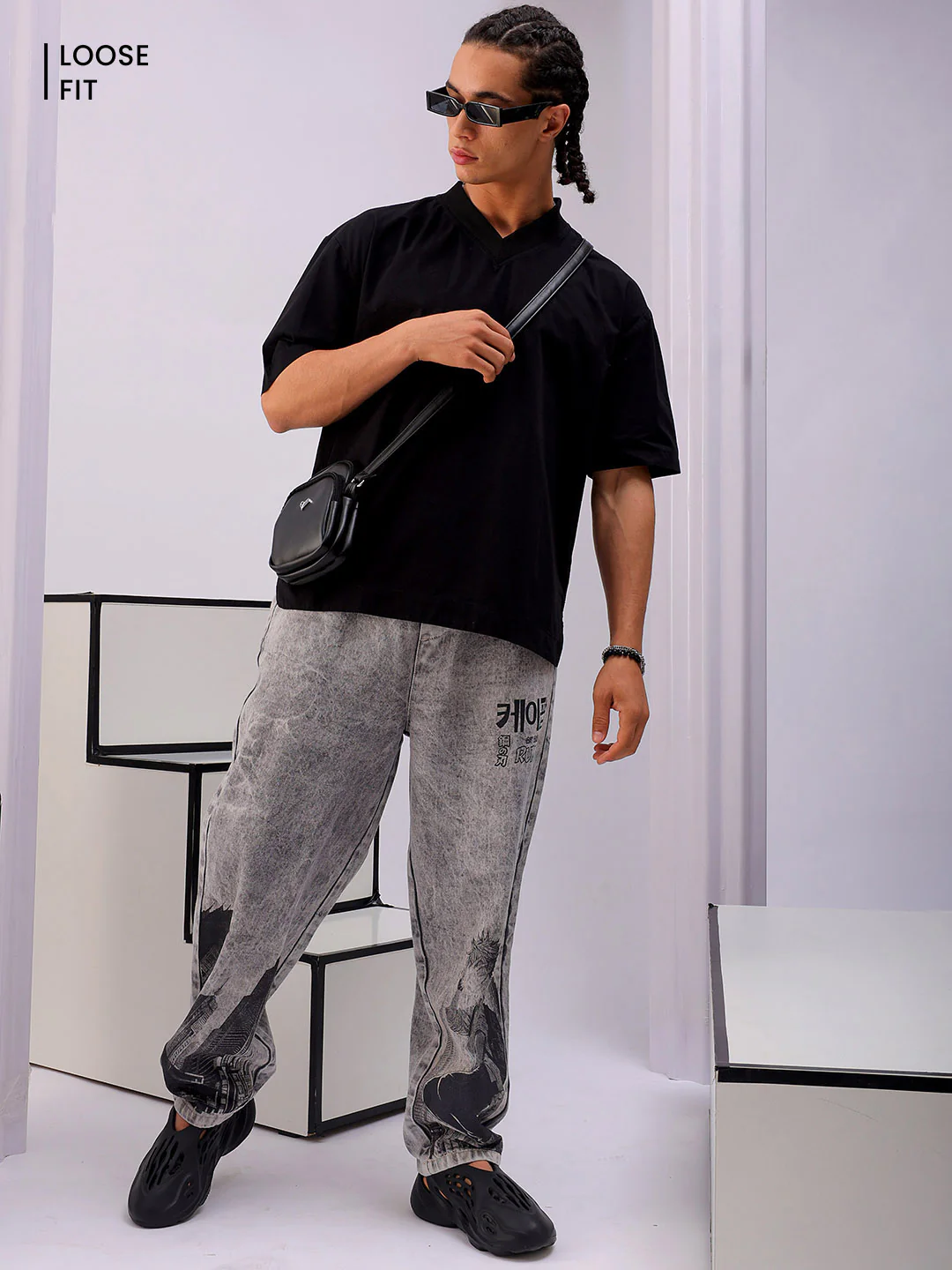 Men's Light Grey Loose Fit Solid Street Wear Jeans