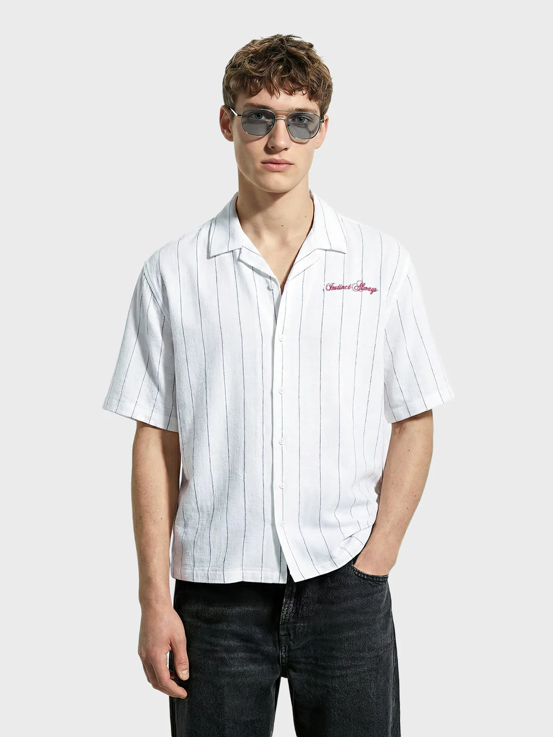 Men's White Boxy Fit Embroided Casual Shirt