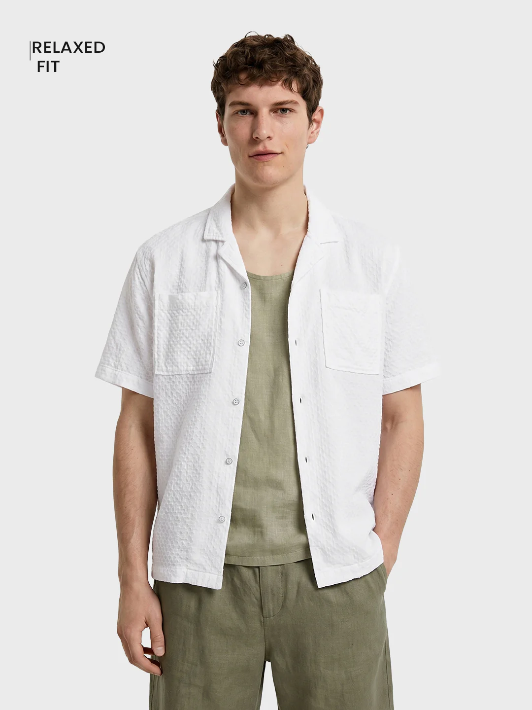 Men's White Relaxed Fit Geometric Resort Shirt - Image 2
